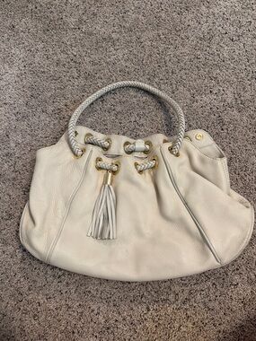 KORS Michael Kors Light Cream Braided-Handle Shoulder Bag with Tassel